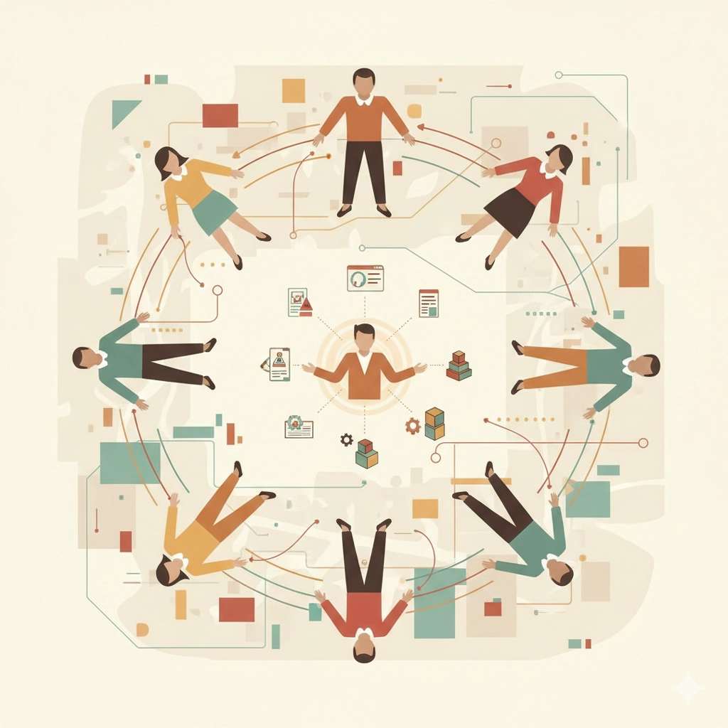 Illustrazione che mostra un gruppo di persone disposte in cerchio, collegate da linee dinamiche che rappresentano i flussi relazionali. Al centro, un facilitatore coordina icone di strumenti METALOG come cubi, grafici e documenti, in un ambiente che suggerisce un approccio sistemico.