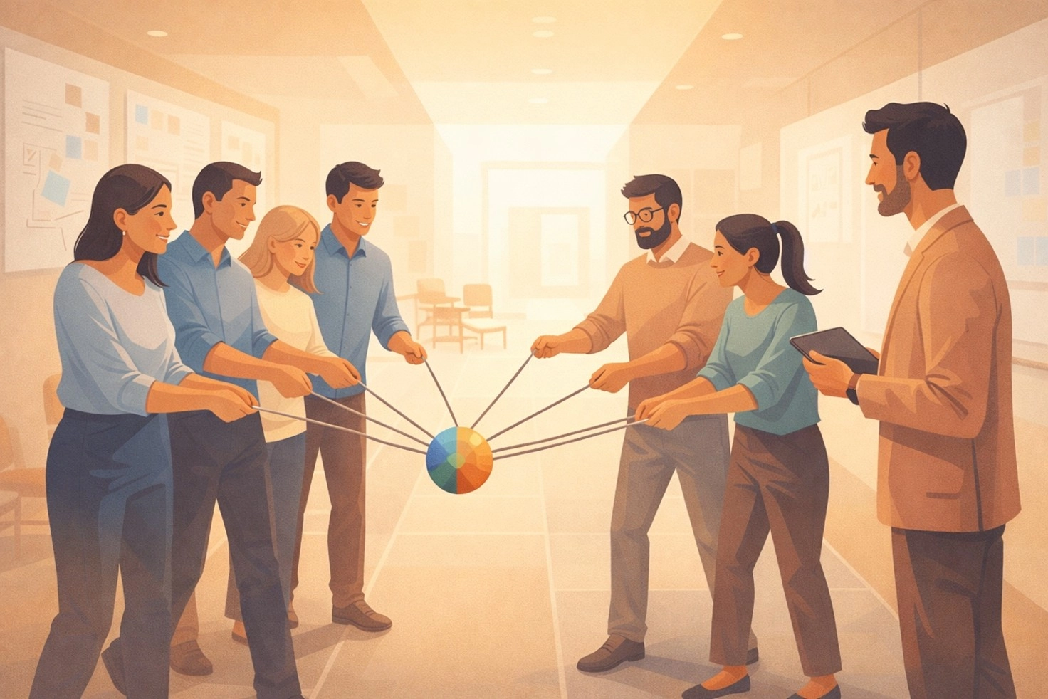 Esercizio di apprendimento esperienziale METALOG con metafora della pallina con corde per i gruppi