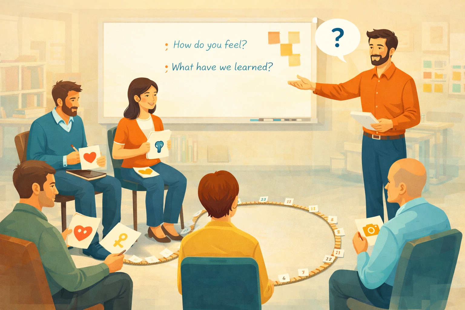 Illustrazione di un gruppo in cerchio durante un debriefing METALOG con facilitatore, corda numerata e carte simboliche in un'aula moderna