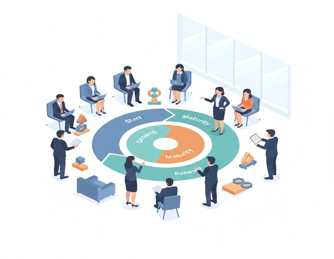 Infografica METALOG sul manager del cambiamento: un gruppo di professionisti partecipa a un workshop esperienziale attorno a un diagramma del ciclo di vita aziendale (Start, Growth, Maturity, Renewal) utilizzando strumenti fisici per la formazione.