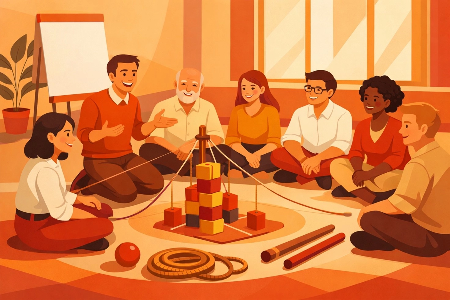 Illustrazione di un gruppo eterogeneo di persone sedute in cerchio che collaborano a un'attività METALOG con blocchi colorati e funi.