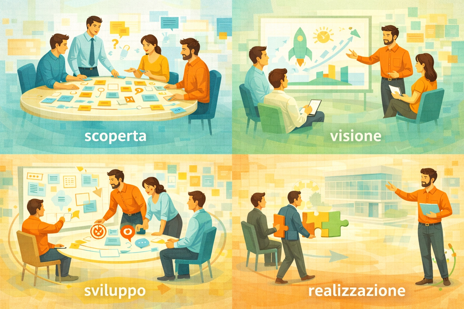 Illustrazione suddivisa in quattro pannelli che rappresentato le fasi del metodo METALOG: scoperta, visione, sviluppo e realizzazione. In ogni fase, un team collabora usando mappe concettuali, grafici di crescita e pezzi di puzzle giganti per implementare nuove soluzioni.