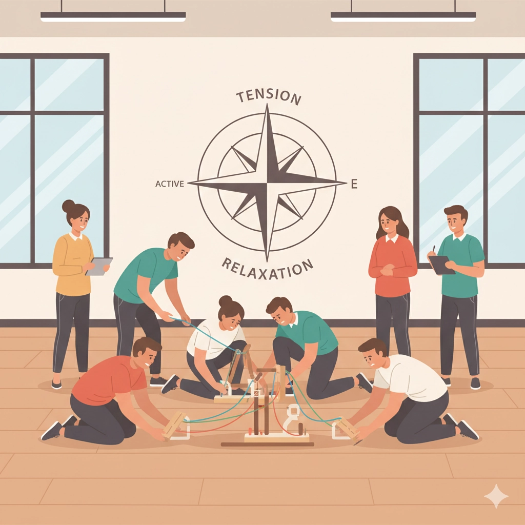 Illustrazione di un team che lavora con moduli e corde METALOG, con osservatori laterali e una bussola degli stati emotivi sullo sfondo