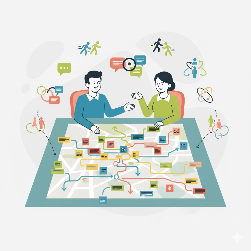 Illustrazione che mostra due facilitatori seduti a un tavolo intenti a consultare una mappa complessa di processi, circondati da icone stilizzate che rappresentano dinamiche di gruppo, comunicazione e flussi di lavoro.