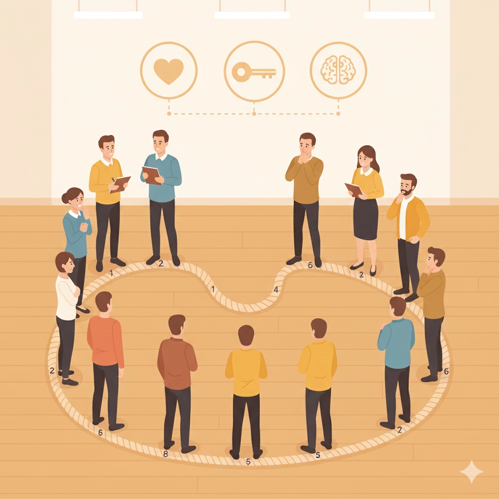 Illustrazione di una sessione METALOG con partecipanti disposti su una corda a U per una scala di valutazione e osservatori che prendono appunti