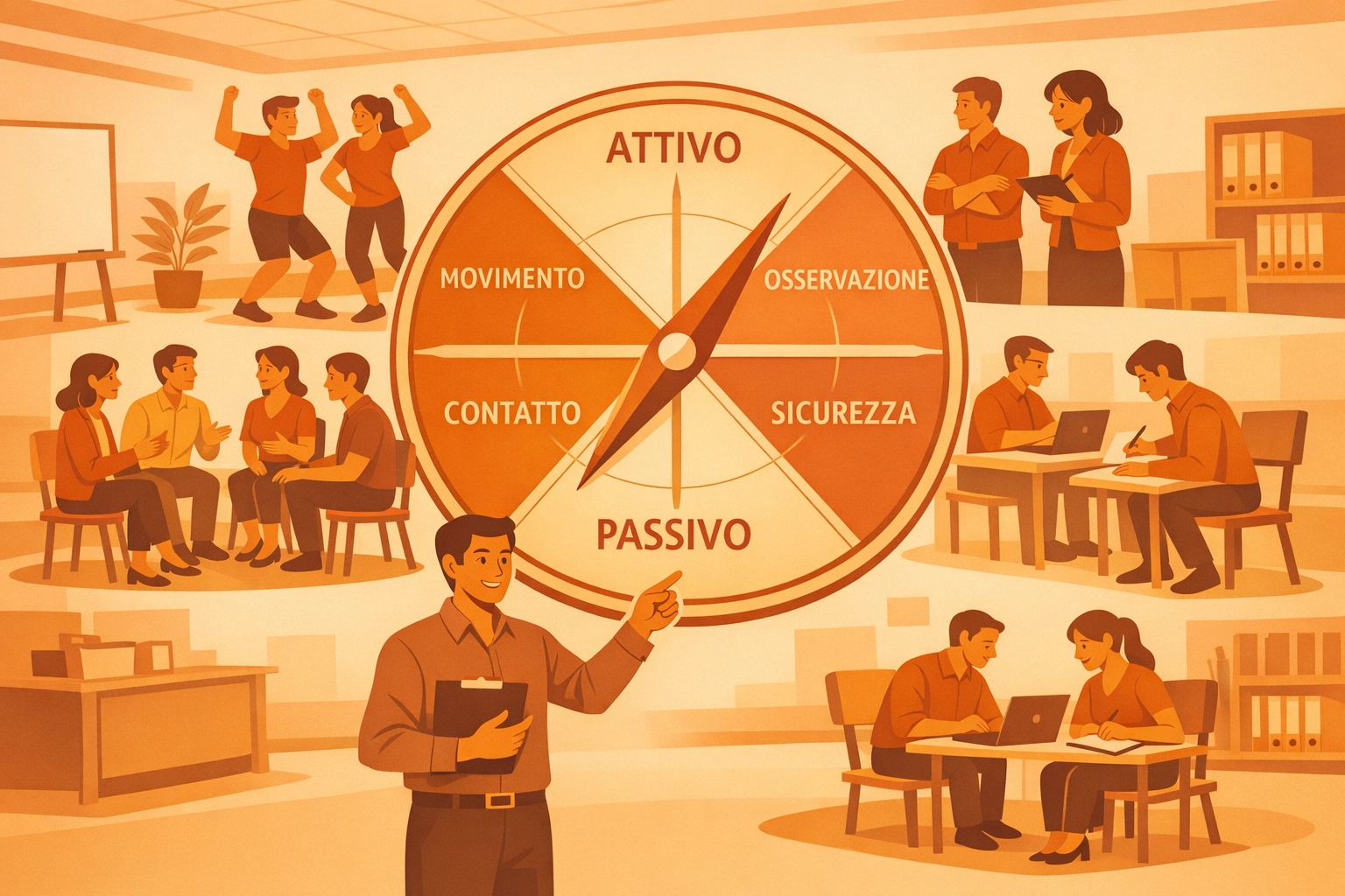 Illustrazione di una bussola emotiva METALOG con quattro quadranti (Movimento, Osservazione, Contatto, Sicurezza) e gruppi di persone che svolgono diverse attività formative
