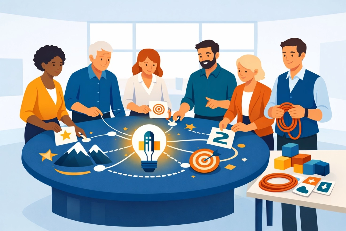 Sessione di formazione esperienziale METALOG: un team collabora attorno a un tavolo con icone di obiettivi e visione connesse a una lampadina centrale che simboleggia lo scopo aziendale.