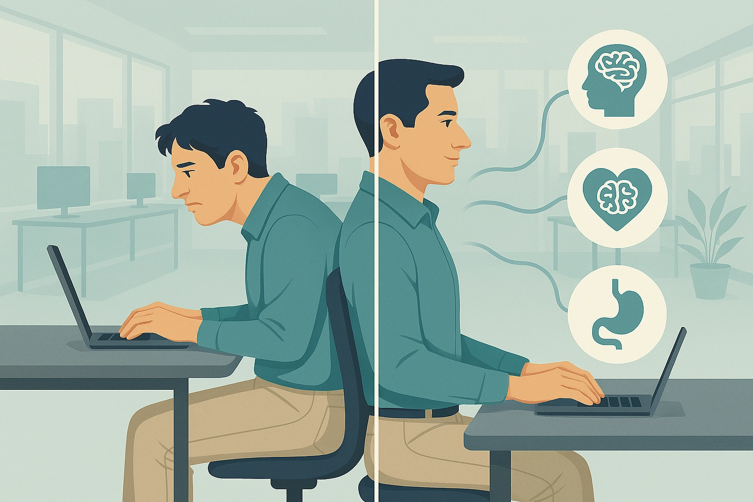 Infografica mBraining che mostra l'allineamento tra i tre cervelli e la colonna vertebrale come leva di benessere e salute produttiva in azienda