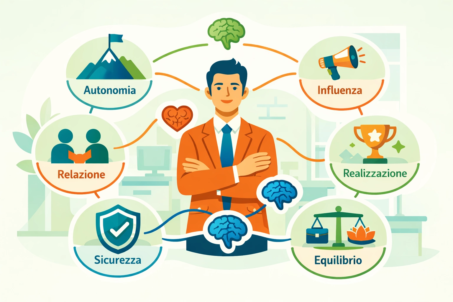 Infografia mBraining che mostra un professionista circondato dai sei bisogni aziendali: Autonomia, Influenza, Realizzazione, Equilibrio, Sicurezza e Relazione. collegati ai simboli di testa, cuore e pancia