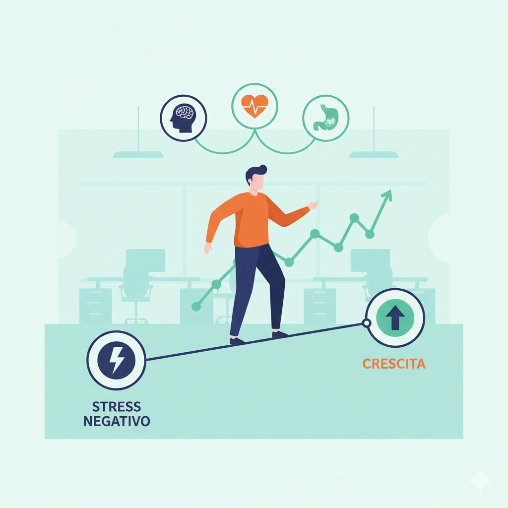 Illustrazione di un professionista in equilibrio su una linea tra stress negativo e crescita con le icone dei tre cervelli mBraining (testa, cuore e pancia) allineate