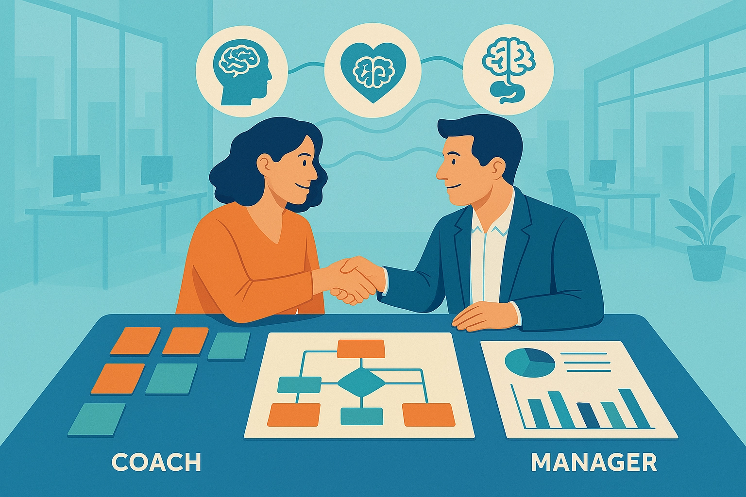 Illustrazione di un Coach e un Manager che collaborano a un tavolo con grafici e mappe concettuali, sovrastati dalle icone mBraining di testa, cuore e pancia