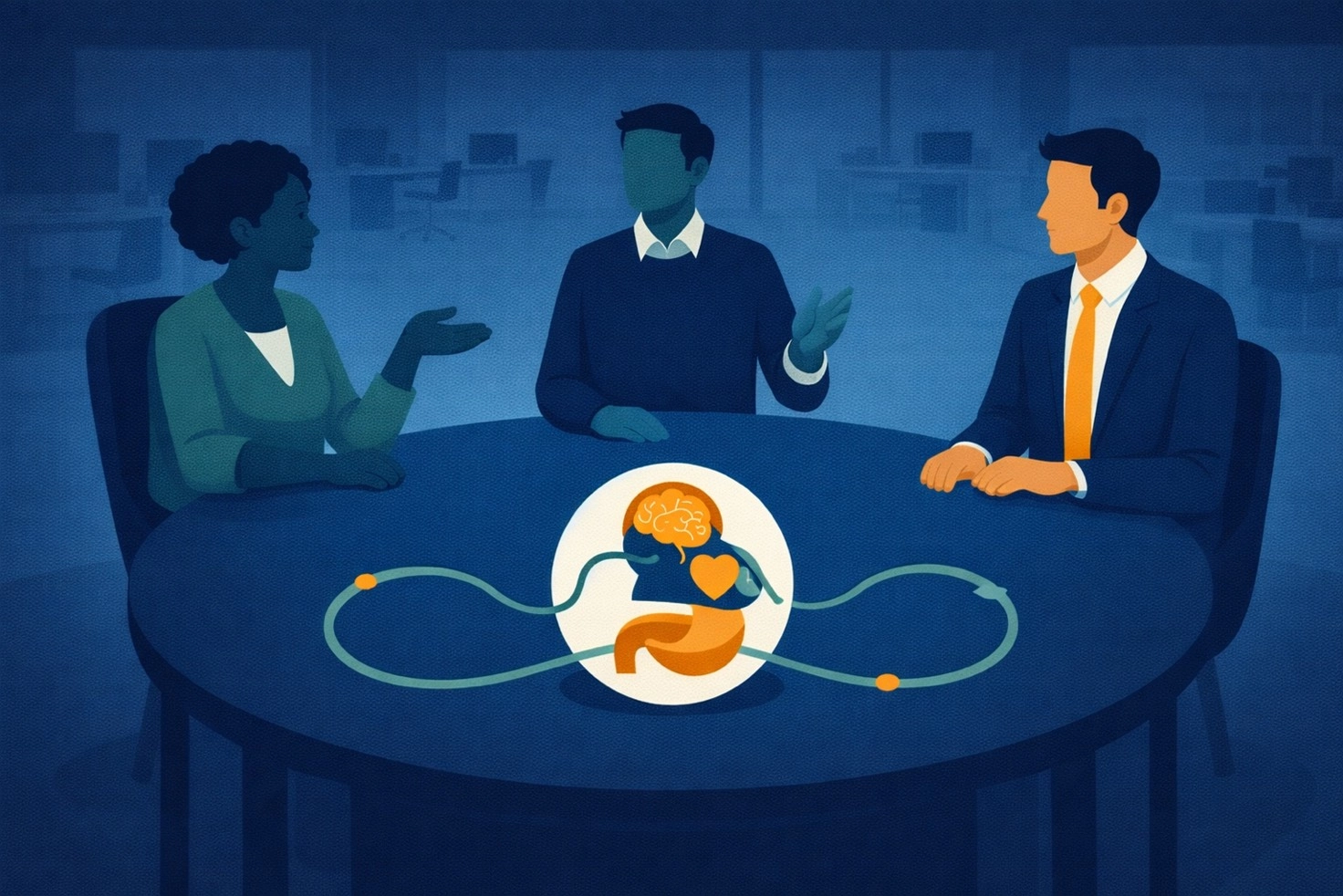 Illustrazione di tre professionisti seduti a un tavolo con un'icona  centrale che collega i tre centri neurali: testa, cuore e pancia