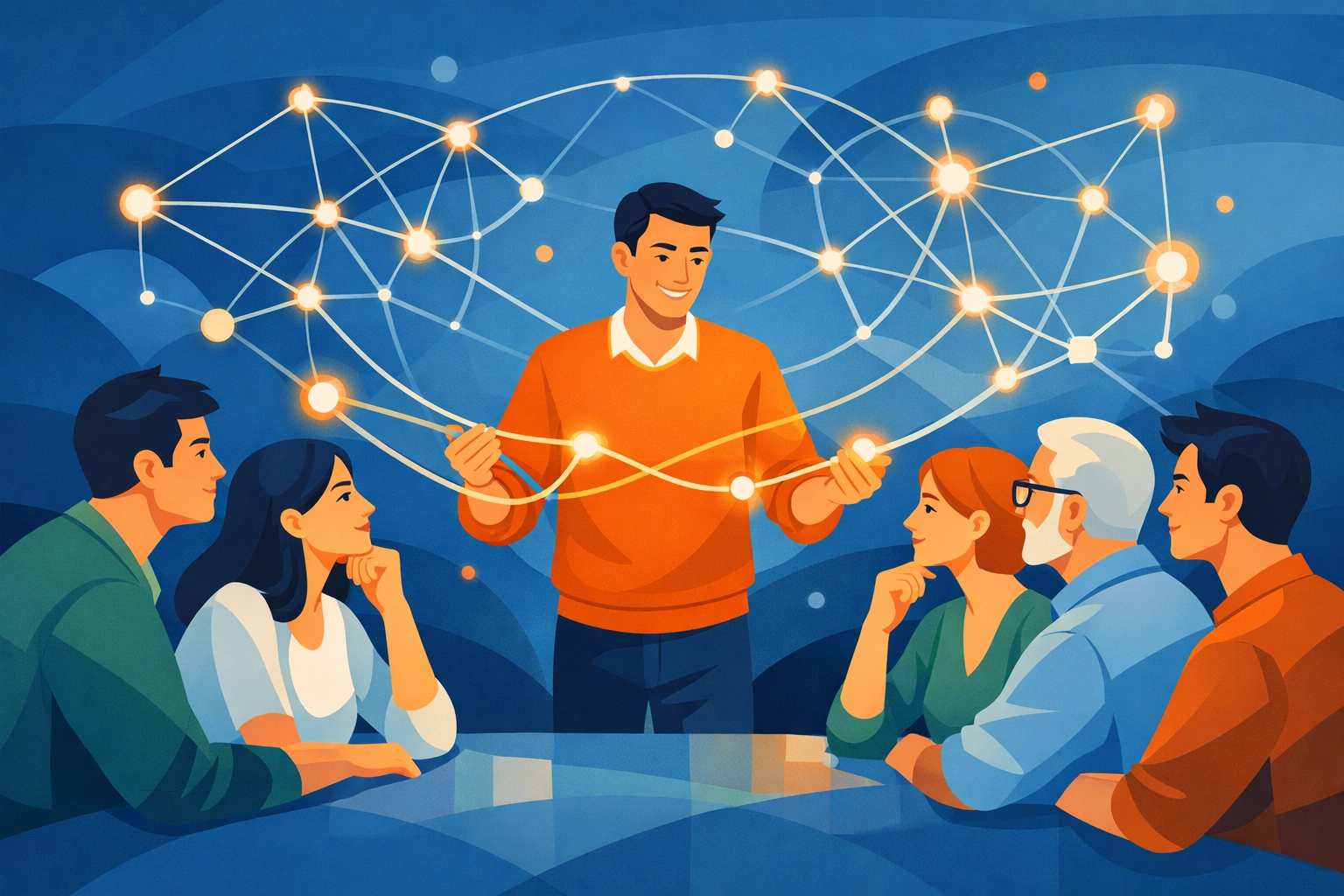 Illustrazione di un facilitatore che connette i punti di una rete luminosa di nodi davanti a un gruppo di persone.