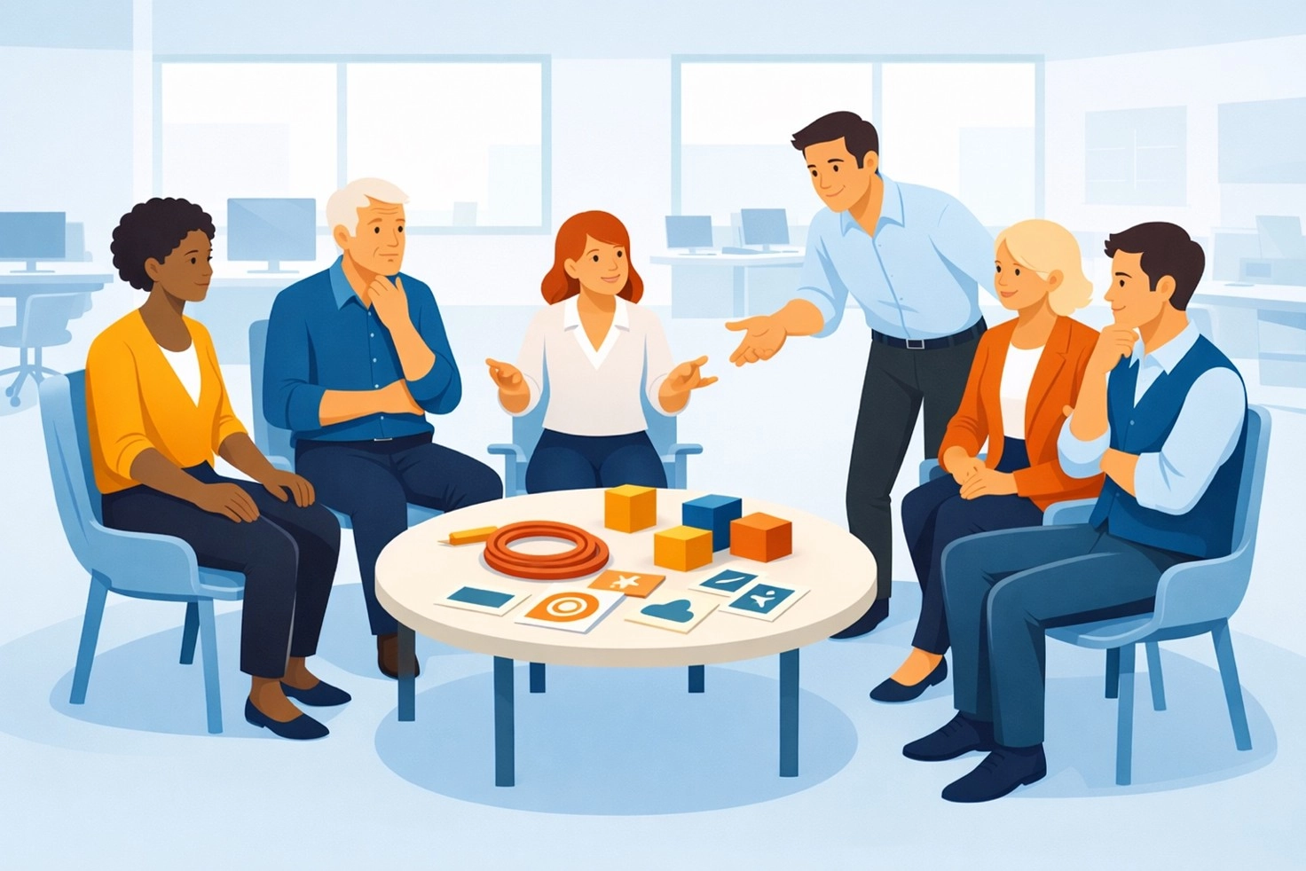 Illustrazione di un team aziendale che partecipa a una sessione di formazione esperienziale METALOG per facilitare il cambiamento e passare da una gestione solista a una leadership collaborativa.