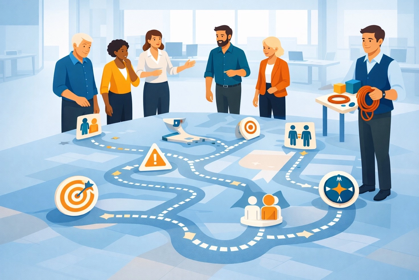 Un'infografica illustrata che mostra un team aziendale che collabora su una mappa del percorso di cambiamento stesa sul pavimento, utilizzando simboli di formazione esperienziale METALOG come icone di target, bussola e ostacoli. Un facilitatore METALOG guida il gruppo per trasformare la complessità in un percorso di leadership collaborativa.
