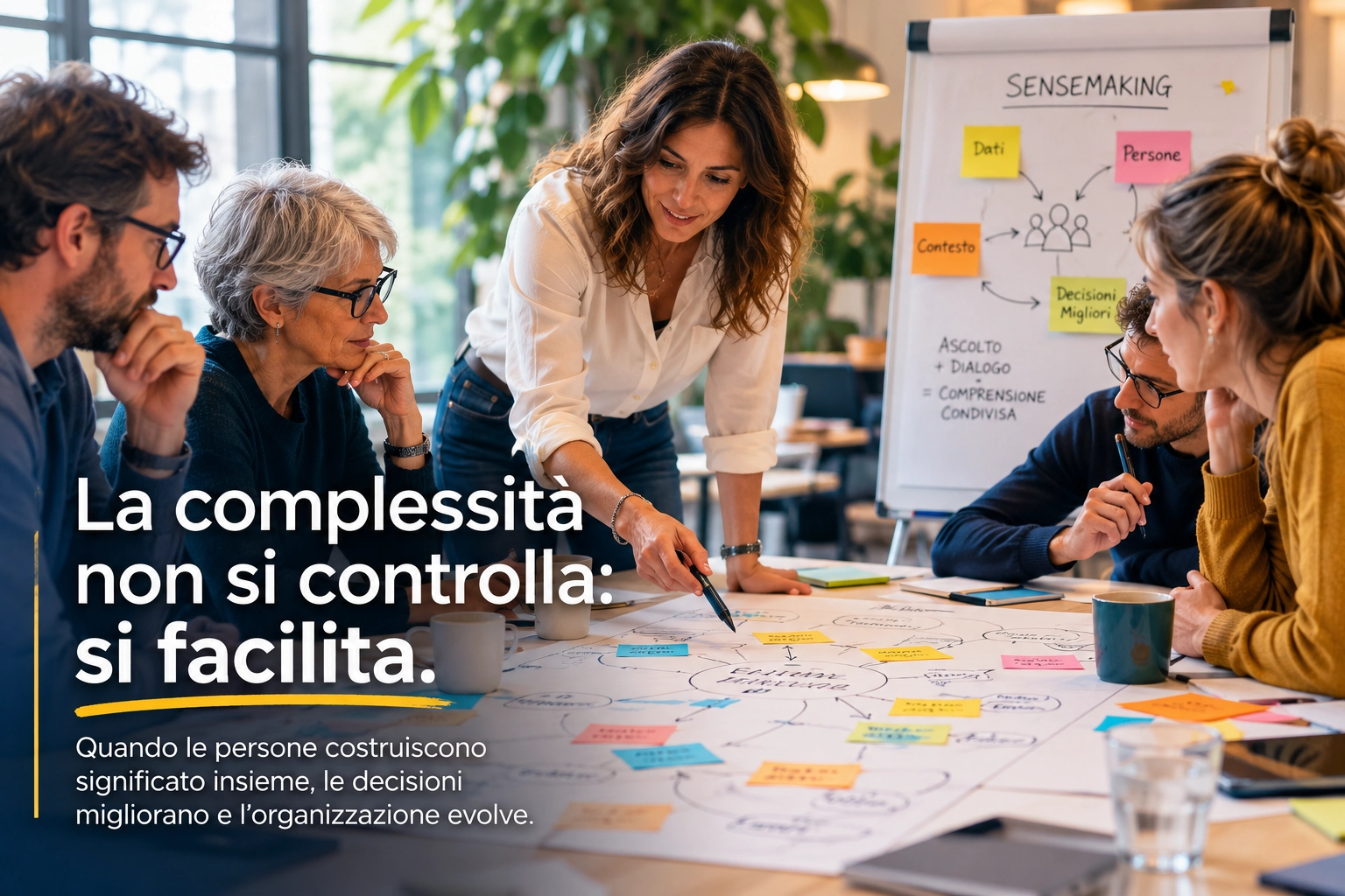 Una fotografia di un team diversificato che collabora attorno a un tavolo coperto di diagrammi di flusso e post-it colorati. Al centro, una facilitatrice in piedi indica una connessione specifica sul diagramma principale.