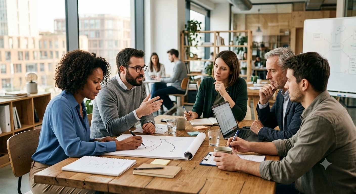 Fotografia di un team di professionisti che collabora in un ufficio open-space moderno. Sono seduti attorno a un tavolo di legno e si concentrano su un grande schizzo concettuale su carta.